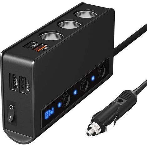 One to three car cigarette lighter sockets with switch, 4 USB ports, 180W, high power QC3.0, fast charging car charger (1/5)