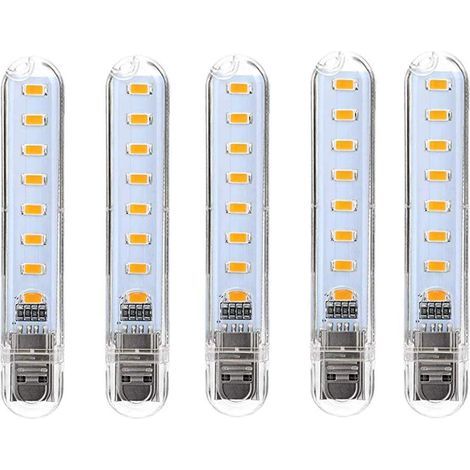 5PCS Mini Portable USB Veilleuse DC 5V 8leds Bureau Livre Lampes de Lecture pour PC Ordinateurs Portables Ordinateur Mobile Puissance Camping lampe (Blanc froid, 8leds) [Classe énergétique A+] (1/5)