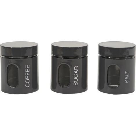 TrAdE Shop Traesio - Set 3 Barattoli Da Cucina In Vetro Acciaio Grigio Lucido Da 75cl Per Caffè Zucchero Sale - (1/2)