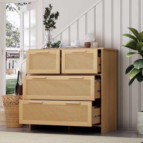 Kommode 80x38x80 cm Natur in MDF und Naturrattan mit 4 Schubladen, viel Stauraum und kippsicherer Vorrichtung (1/5)