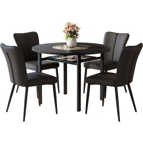 Ensemble table ronde noire 100 cm avec 4 chaises, plateau MDF avec verre trempé, assises en PU et pieds métalliques (1/5)