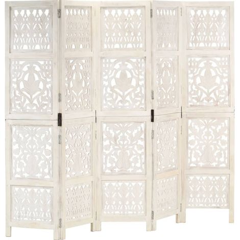 Biombo separador de ambientes 5 paneles 200 x 165 cm MDF y madera de mango blanco DEC030941