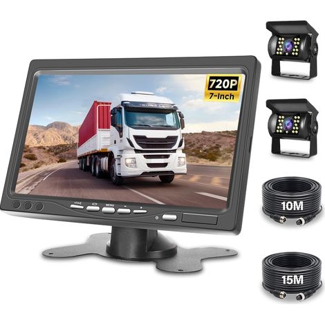 Caméra de recul pour Voiture avec écran LCD 7 Pouces - Moniteur Voiture avec caméra de recul IP67 étanche 18IR Vision Nocturne - 2 caméras de recul + 2 câbles pour Camion/Bus/Van/remorque 12V-24V (1/5)