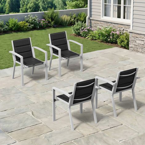 lot de 4 Chaise de Jardin Empilable, Fauteuil en Aluminium avec Tissu Textilène et Mousse à Séchage Rapide, Respirante, Confortable et élastique, ne Fatigue pas Après une longue Assise, Gris Clair (1/5)