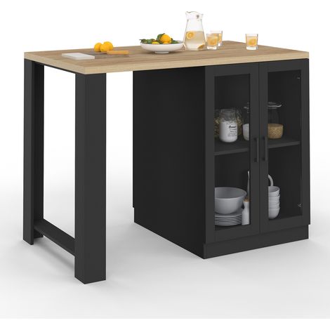 Idmarket – Îlot central LINO 120 cm – 2 personnes – bois noir – plan de travail épais 3 cm – portes vitrées – rangement optimisé