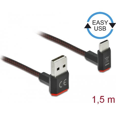Delock Cable EASY-USB 2.0 Tipo-A macho a USB Type-Câ¢ macho, sesgado hacia la arriba y hacia abajo, de 1,5 m y negro
