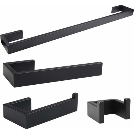 Ensemble de 4 accessoires de salle de bain en acier inoxydable 304 noir : porte-serviettes de 40 cm, porte-papier toilette, porte-serviettes de 14 cm et crochet porte-serviettes. (1/4)