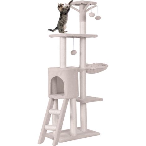 Arbre à Chat XXL 140 cm en Bois, 4 Plateformes, 7 Poteaux à Griffer en Sisal, 3 Baquettes à Pompons, Echelle, Condo, Tissu Peluche, 93 x 36 x 140 cm (1/5)