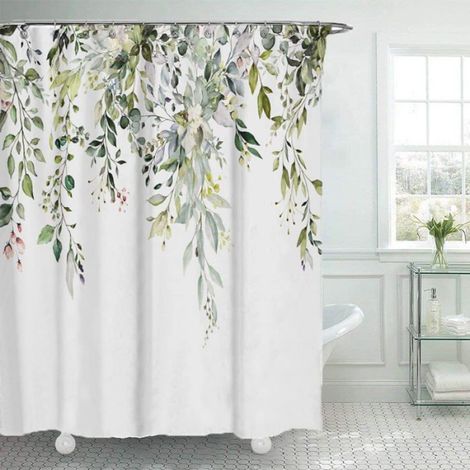 1 Rideau de douche, motif feuilles vertes, polyester imperméable, anti-moisissure, 180x180cm, salle de bain (1/5)