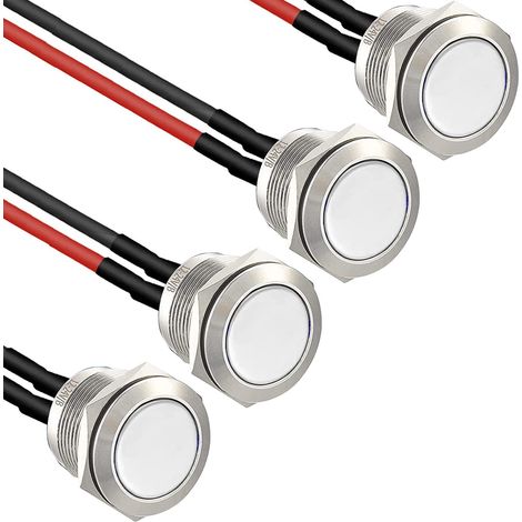 4× 16mm Momentané Bouton-Poussoir Étanche en Acier Inoxydable Bouton-Poussoir, boutons de sonnette 12V 2A 250V, pour voiture, PC, lampe de table( Ronds) (Tête plane)(précâblé) (1/5)
