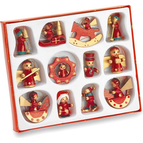 Set mit 24 verschiedenen roten, handbemalten Weihnachtsbaum-Anhängern aus Holz