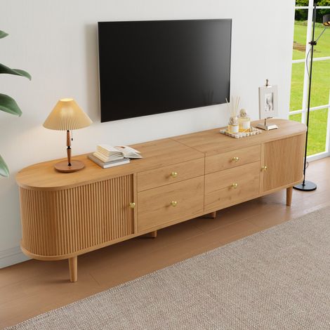 Meuble tv bas 180x35x50 cm pour salon avec portes coulissantes ondulées et 4 tiroirs style scandinave en bois mdf - naturel (1/5)