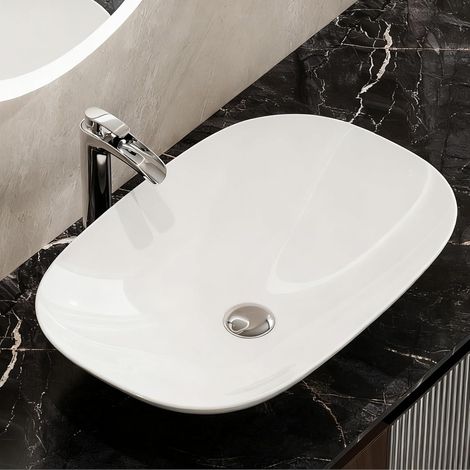HOROW 60D×40W×16H Oval White Ceramic Countertop Vessel Sink Bathroom Basin, 5mm Slim Edge & Nano-Sealed Washing Bowl, Ideal for Modern Bathroom (1/5)