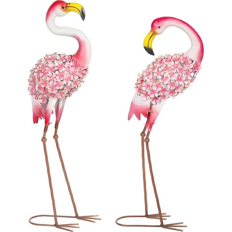 Set di 2 statue da giardino a forma di fenicottero, uccelli in metallo con piume e decorazioni floreali, sculture da appoggio con ancoraggi a terra, colore rosso.