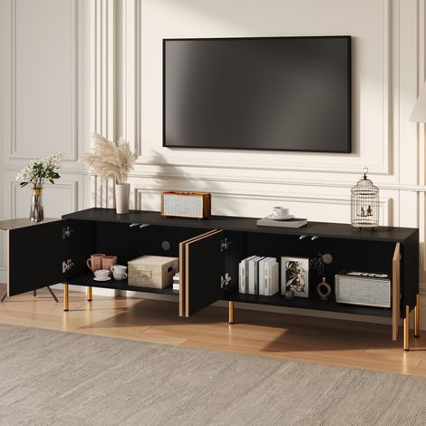 DESMIU Meuble TV avec 4 portes et rangement fermé, pour salon, en panneau de particules, noir, 179 × 35 × 53,5 cm (1/5)