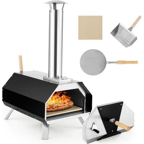 COSTWAY Horno Pizza Exterior 12", Pizza Oven Portátil de Acero Inoxidable, Horno de Leña con Piedra para Pizza, Patas Plegables, Termómetro y Pala de Pizza para Cocinar al Aire Libre