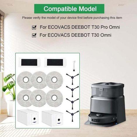 Accessoires pour ECOVACS DEEBOT T30 Pro Omni / T30 Omni Robot aspirateur pièce de Rechange, 6 Chiffon + 2 Sac à poussière + 4 brosses latérales + 2 filtres (1/5)