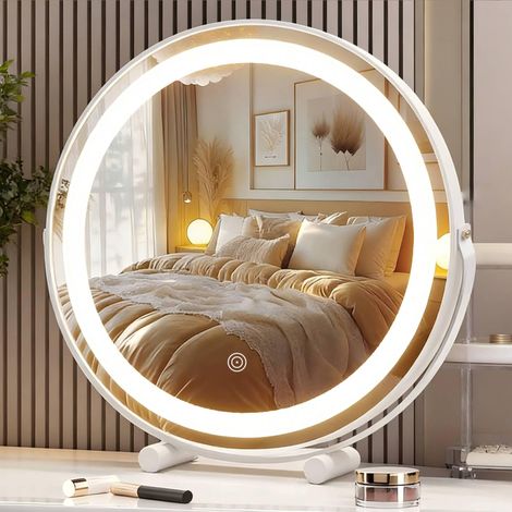 Miroir de courtoisie avec lumières LED 40 x 40 cm, Miroir de Maquillage Lumineux avec réglage de la luminosité, 3 Couleurs à intensité Variable, Tactile Intelligent et Rotation à 360°, Rond (1/5)