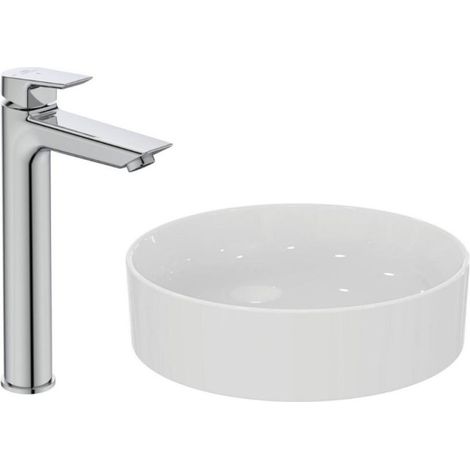 IDEAL STANDARD Conjunto lavabo sobre encimera redondo 45 cm blanco + Mezclador lavabo sobrealzado Tesi cromo