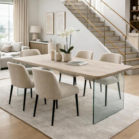Table extensible chêne grisé bords biseautés pieds verre 180 cm PALERME