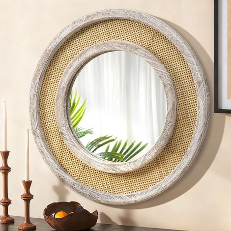 Miroir rond avec cadre en bois, miroirs circulaires à suspendre pour montage mural 50 CM, miroir vintage pour salon, salle de bain, chambre, entrée, blanc ancien (1/5)