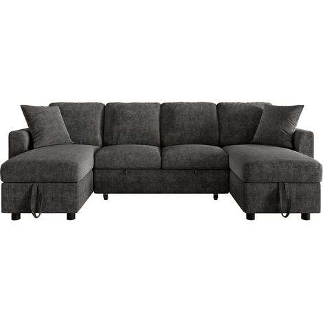U-Form Schlafsofa, mit 2 Chaiselongues mit Stauraum und USB- sowie USB-C-Anschluss, Chenille Dunkelgrau (1/5)
