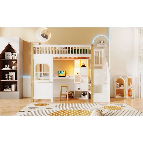 lit couchage bureau rangement 90x200 pin blanc naturel OKMYHOME (1/5)