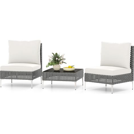 COSTWAY 3 Pieces Patio Bistro Set PE Rattan Furniture Set w/Coffee Table-White (1/5)