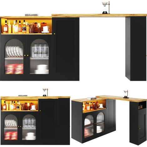 Table de bar rotative 360° 198x39,6x97cm meuble noir mat bureau bois porte vitrée lumière LED buffet vitrine à vin.