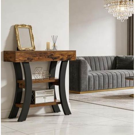 Tavolo consolle 105x30x80 cm nero e marrone rustico in MDF e metallo con 3 ripiani e piedini regolabili (1/5)