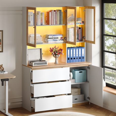 Vitrine avec Éclairage LED 120x200cm, Armoire Haute Blanc et Chêne, Meuble de Rangement Multifonction avec Tiroirs et Passe-Câbles (1/5)