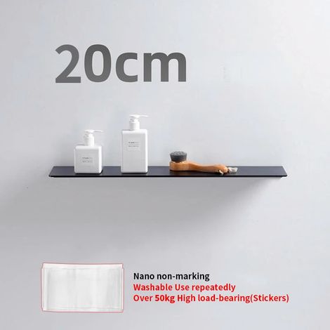 (Noir - 20 cm) Petite étagère murale flottante blanche sans perçage pour salle de bain, porte-shampoing et accessoires de cuisine. (1/5)