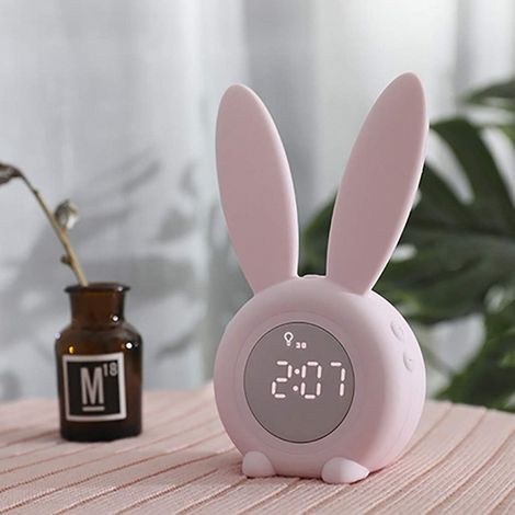 Réveil - Lampe de chevet lapin mignonne, veilleuse, horloge électronique, lampe LED numérique créative avec fonction snooze (rose) (1/4)