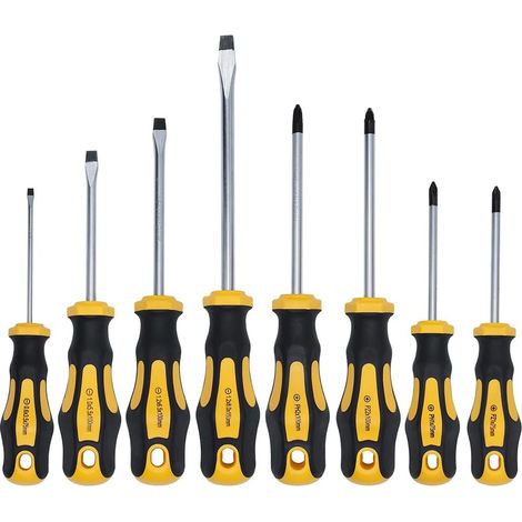 Set mit 8 magnetischen Schraubendrehern, magnetisches Schraubendreher-Set mit Kreuzschlitz/flach/Pozidriv/für PH-, PZ- und SL-Schrauben, ergonomisch geformte Griffe, brünierte Spitze, Chrom-Vanadium (1/5)