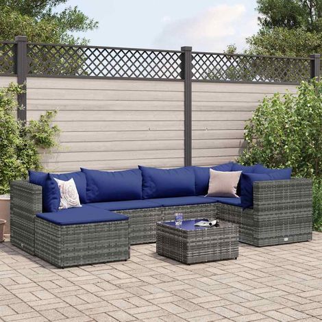 7-tlg. Garten-Lounge-Set mit Kissen Grau Poly Rattan vidaXL (1/5)