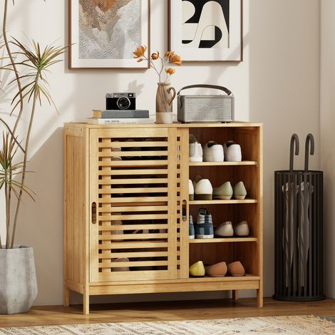 Porte-chaussures 80x35x80 cm avec 2 portes coulissantes avec étagères réglables pour 16 paires de chaussures naturelles
