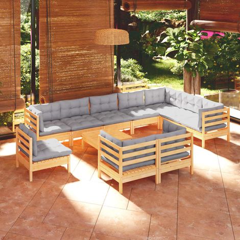 Salon de jardin 11 pcs,Mobilier de terrasse,Table et Chaise pour Relax avec coussins gris Bois de pin solide -YZ429932 (1/5)