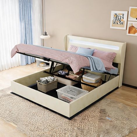 Tête de lit beige en tissu métal 200 x 160 x 133 cm (1/5)