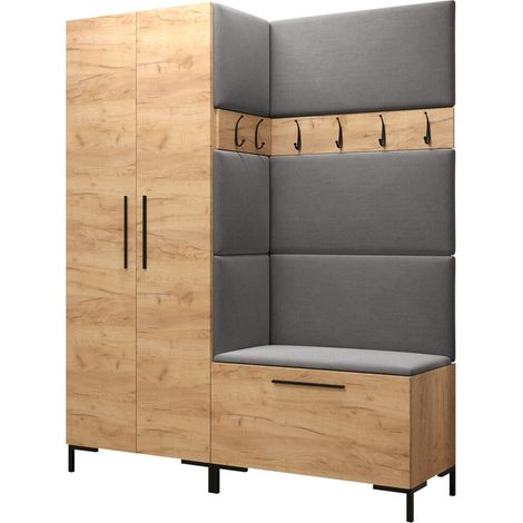 Meuble d'entrée Nomal I, Craft chêne, 196x158x44cm, Stratifié, Tissu, Murale, À poser