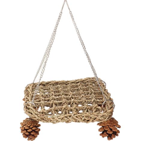 Balançoires en jonc de mer pour oiseaux, sûres et saines, fabriquées à la main, pour lutter contre l'ennui. Jouets muraux à mâcher pour oiseaux, avec chaînes et pommes de pin. (1/5)