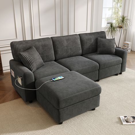 Divano moderno grigio con 1 pouf, 2 cuscini, porta USB e Type-C, 223 x 146 x 84 cm (1/5)