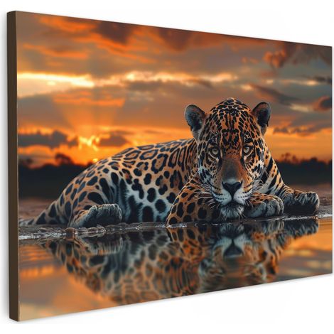 TABLEAU SUR TOILE Nature - Léopard - Animal - Coucher de soleil - Moderne Toile Peinture Grand Format XXL 150x100 cm