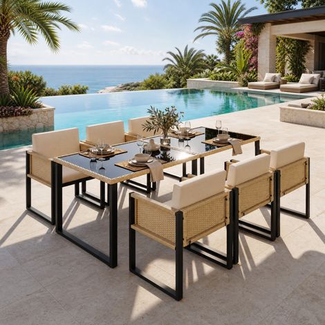 Set de jardín para 6 personas en poliratán con mesa 170 x 80 cm, cojines lavables, marrón y negro (1/5)