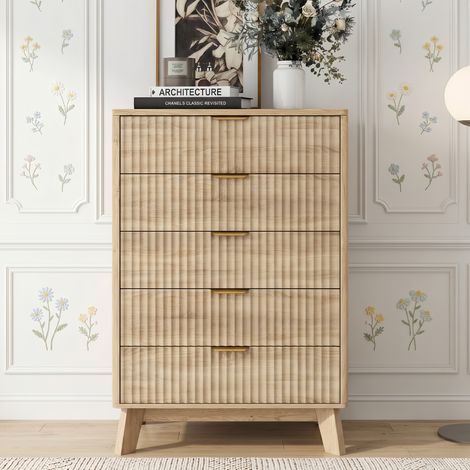 Commode Bois Massif Naturel 108 cm - Meuble de Rangement avce 5 Tiroirs de Rangement - Scandinave pour Chambre