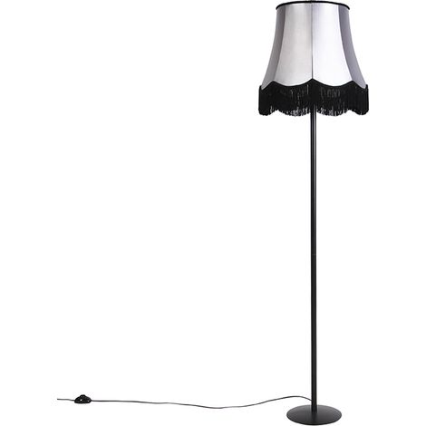 QAZQA Retro Stehlampe schwarz mit Granny Schirm schwarz mit grau