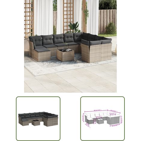 The Living Store 11-tlg. Garten-Sofagarnitur mit Kissen Grau Poly Rattan - Gartenmöbel Set - PE-Rattan Möbel - Outdoor Sofa - Esstisch - Lounge Garnitur (1/3)