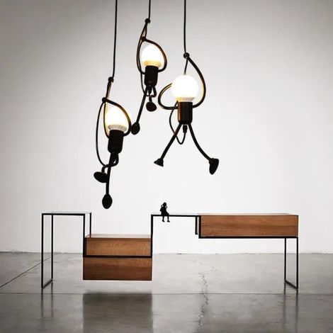 U-do 3 Têtes Lustre Suspension Industrielle Rétro - Forme de stickman - Noir (1/4)