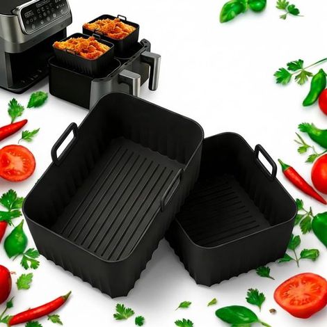 Moules en silicone pour friteuse à air – Lot de 2 – 21,3 x 14,5 x 6,9 cm – Avec poignées – Réutilisables, résistants à la chaleur et lavables au lave-vaisselle – Noir (1/5)