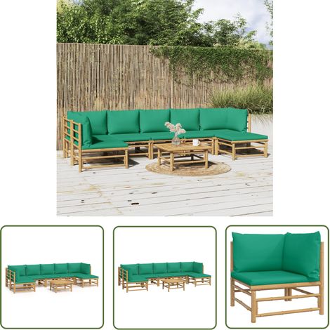 The Living Store 8-tlg. Garten-Lounge-Set mit Grünen Kissen Bambus - Bambus Möbel - Gartenloungeset - Outdoor Möbel - Gartenmöbel - Esstisch (1/5)