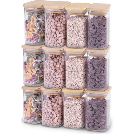 12 Pcs Glass Bamboo Spice Jars 8oz/250ml Spice Storage Spice Containers Seasoning Jars Herb Jars Glass Spice Set for Spice Salt Seeds Sugar Coffee Tea Storage Canisters (1/5)